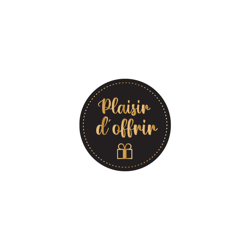 Round adhesive gift labels with Plaisir d\\\'offrir in black and gold (x500)